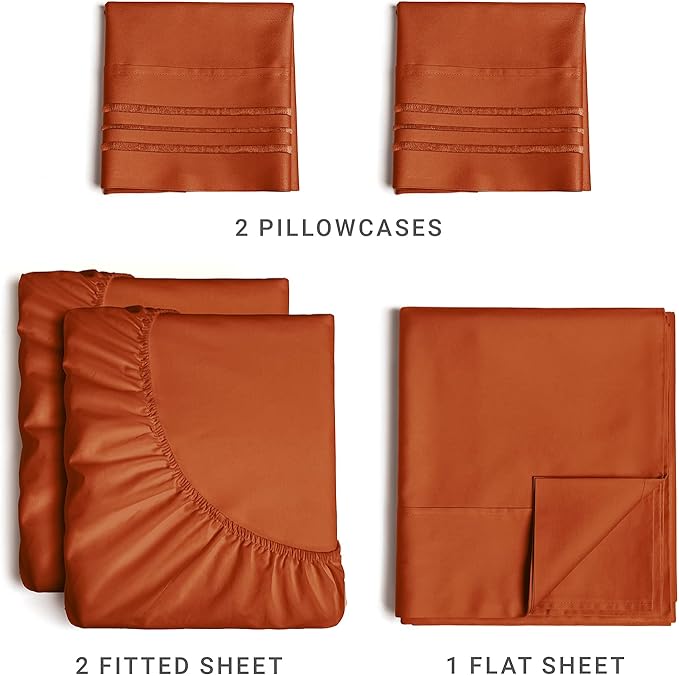 Split King Size 5 Piece Sheet Set - Comfy Breathable & Cooling Sheets - Hotel Luxury Bed Sheets for Women & Men - Deep Pockets, Easy-Fit, Soft & Wrinkle Free Sheets - Terracotta Oeko-Tex Bed Sheets - LeafyLoom