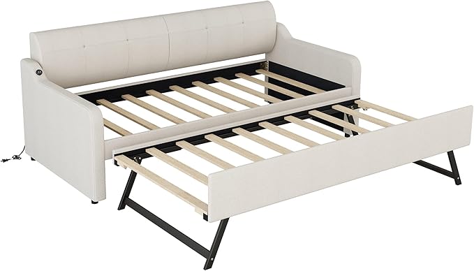 Upholstered Daybed with Pop Up Trundle, Twin Size Daybed with Trundle and USB Charging Ports, for Living Room Bedroom Guest Room, Beige - LeafyLoom