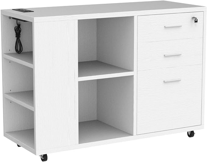 YITAHOME File Cabinet with Charging Station, Mobile Lateral Filing Cabinet with Lock for Home Office, Printer Stand with Open Storage Shelf, Fits A4, Letter, Legal Size Files, Office Furniture, White - LeafyLoom