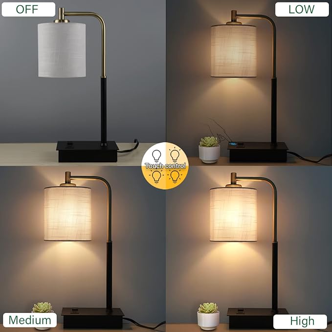 Set of 2 Touch Control Table Lamp 3-Way Dimmable Bedside Nightstand Lamp with USB Type C Port 1 AC Outlet Desk Lamp with Fabric Shade for Bedside, Office, Dorm(2 Bulb Included) - LeafyLoom