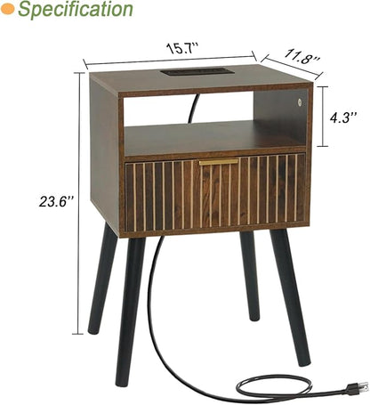 Mid Century Modern Nightstand with Charging Station, Wood Bedside Table with Drawer, Modern End Table for Bedroom and Small Spaces, Easy Assembly, Rustic Brown and Black - LeafyLoom