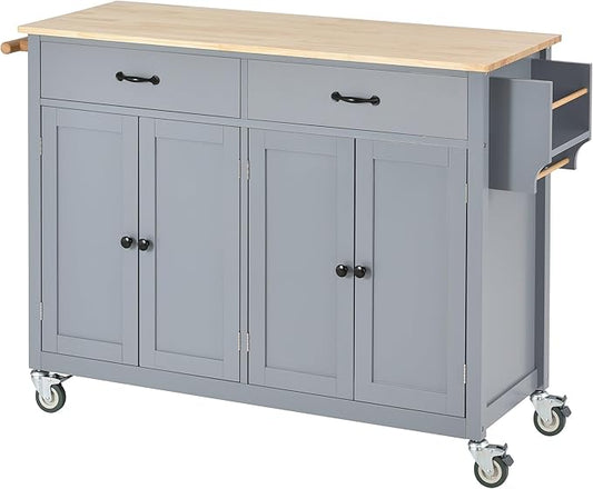 Kitchen Island Cart with Solid Wood Top, Mobile Kitchens Carts with Storage Cabinet, Rolling Kitchen Table w/Spice Rack, Towel Rack, and Drawer, Portable Islands on Wheels for Bar - LeafyLoom