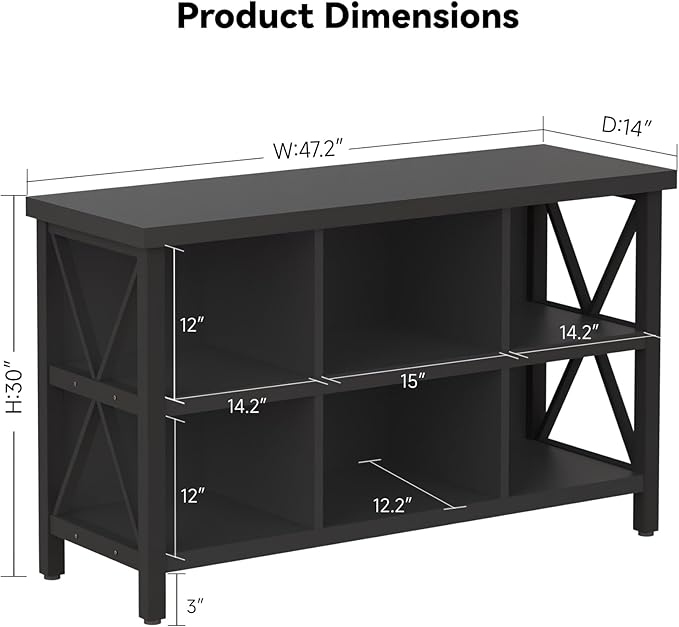 6 Cube Storage Organizer with Shelf, 3 Tier Metal and Wood Open Book Shelf, Long Wide Office Cubby Bookcase with Storage, Industrial Horizontal Bookshelf (Black, 47 Inch) - LeafyLoom