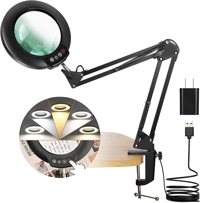 Veemagni 8X Magnifying Glass with Light, 5 Color Modes Stepless Dimmable, Adjustable Swing Arm LED Lighted Desk Lamp with Clamp, Hands Free Magnifier with Light and Stand for Craft Hobby Close Works - LeafyLoom