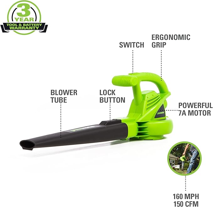 Greenworks 7 Amp 160 MPH/150 CFM Single Speed Electric Blower, 24012, green - LeafyLoom