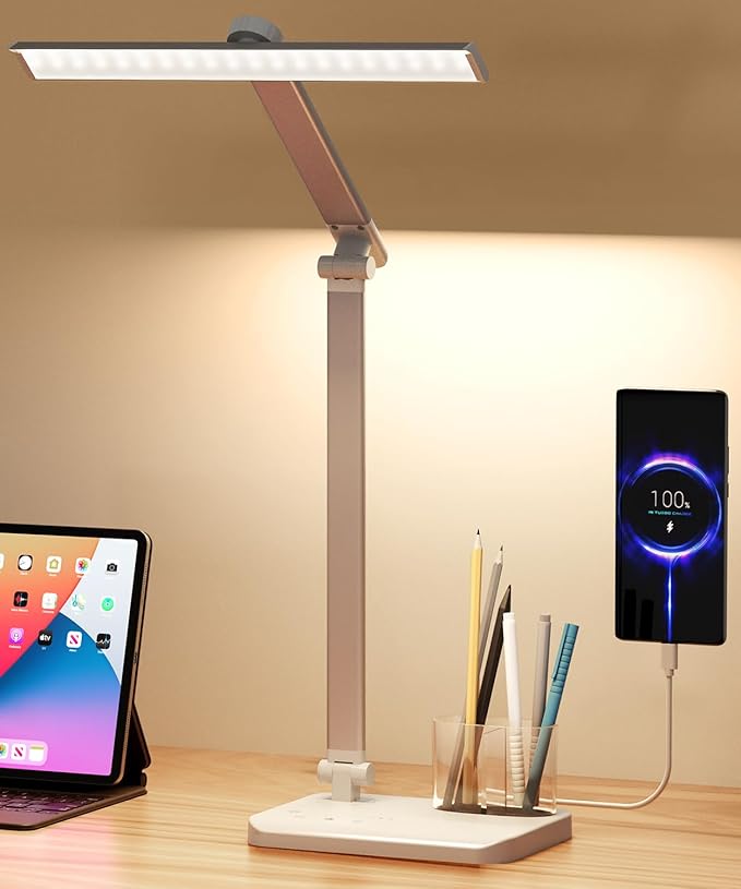 LED Desk Lamp with USB Charging Port, Eye-Caring Table Lamp, Touch Control Dimmable 5 Color Modes, 45 Min Auto-Off Timer, Foldable Study Desk Light for Home Office College Dorm & Reading - LeafyLoom