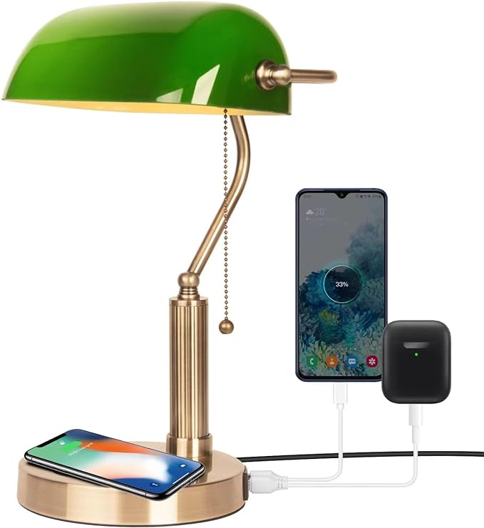 FIRVRE Bankers Lamp with2 USB and Wireless Charging Port，Pull Chain Switch Green Glass Desk Lamp， E26 Base,Traditional Library Desk Lamps for Home Office,Bedroom,Piano - LeafyLoom