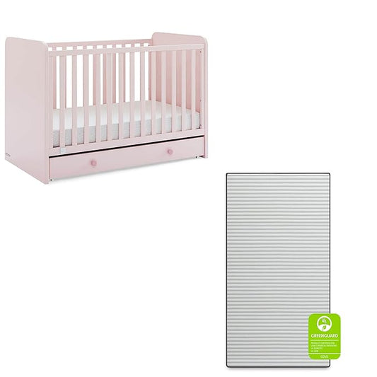 babyGap by Delta Children Graham 4-in-1 Convertible Crib with Storage Drawer TrueSleep Crib and Toddler Mattress (Bundle), Blush Pink/Dark Pink - LeafyLoom