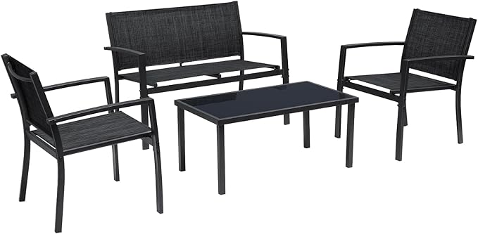 Greesum 4 Pieces Patio Furniture Set Outdoor Conversation Textilene Fabric Chairs for Lawn, Garden, Balcony, Poolside with A Glass Coffee Table, Black - LeafyLoom