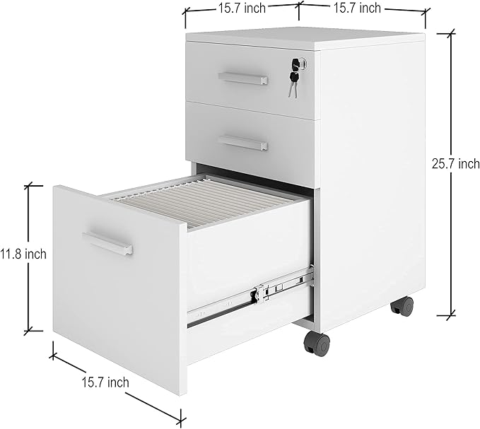 Lazio 26 Inch File Cabinet with Lock - Filing Cabinet for Home and Office - 3 Drawer File Cabinet with Wheels for A4 Sized Letters/Documents, Legal Sized Documents, Hanging File Folders - White/White - LeafyLoom