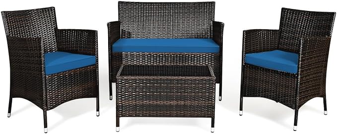 Goplus 4-Piece Rattan Patio Set, Outdoor/Indoor Wicker Conversation Set for Pool, Backyard, Lawn, Wicker Chairs and Sofa with Soft Cushion, Rattan Furniture with Tempered Glass Coffee Table - LeafyLoom