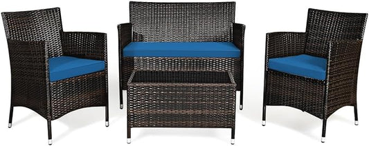 Goplus 4-Piece Rattan Patio Set, Outdoor/Indoor Wicker Conversation Set for Pool, Backyard, Lawn, Wicker Chairs and Sofa with Soft Cushion, Rattan Furniture with Tempered Glass Coffee Table - LeafyLoom