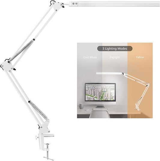 LED Desk Lamp, Architect Task Lamp, Metal Swing Arm Dimmable Drafting Table Lamp with Clamp (3 Color Modes, 10-Level Dimmer, Memory Function) Highly Adjustable Office, Craft, Workbench Light - LeafyLoom