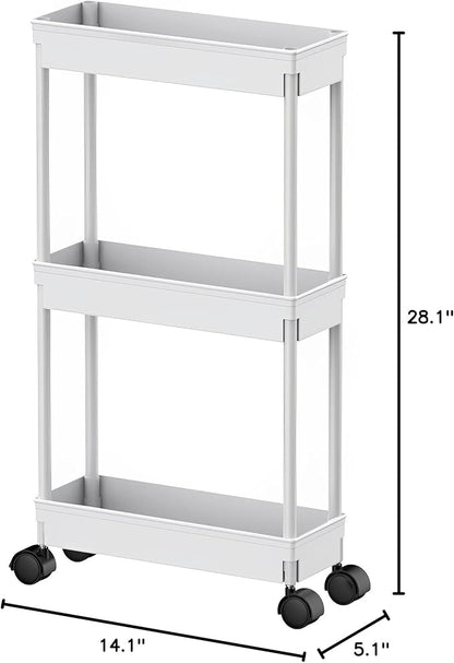 Sooyee 3 Tier Rolling Cart with Wheels,Slim Storage Cart,Narrow Storage Cabinet,Under Desk Storage,Rolling Utility Cart Storage Organizer for Office Bathroom Kitchen Laundry Room Narrow Places, White - LeafyLoom