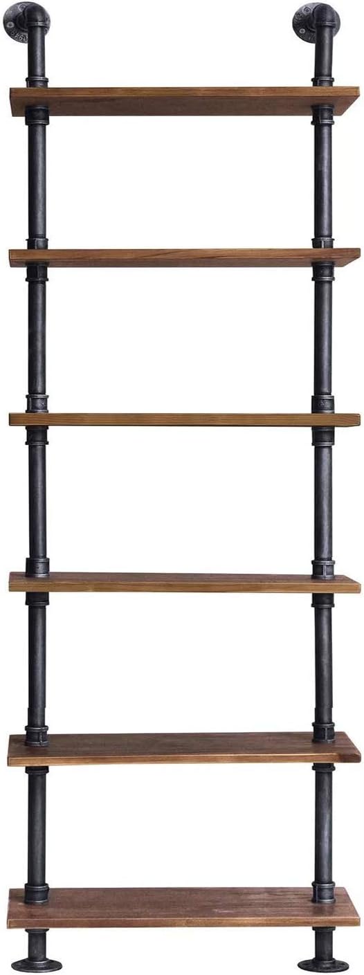 Diwhy 24”width Industrial Pipe Shelves Rustic Modern Wood Ladder Bookcase with Metal Frame,Pipe Wall Shelf,Wood Storage,Home Decor,Display Shelving,Retro Floating Wood Shelving,6 Layer Bookshelf - LeafyLoom