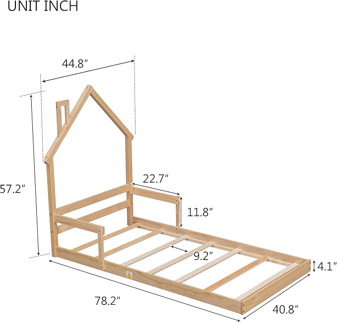 Bellemave Twin Size House-Shaped Headboard Floor Bed for Kids,Montessori Floor Bed with Handrails and Slats,Wood House Bed Twin for Girls,Boys(Twin,Natural) - LeafyLoom