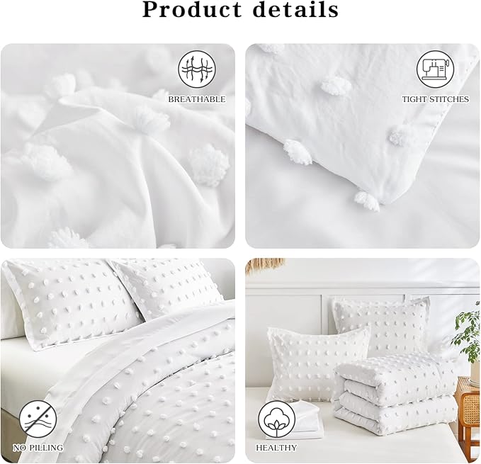 7 Pieces Tufted Dots Bed in a Bag Queen Comforter Set with Sheets White , Soft and Embroidery Shabby Chic Boho Comforters, Solid Color with Pom Pom Design, Jacquard Tufts Bedding Set for All Season - LeafyLoom