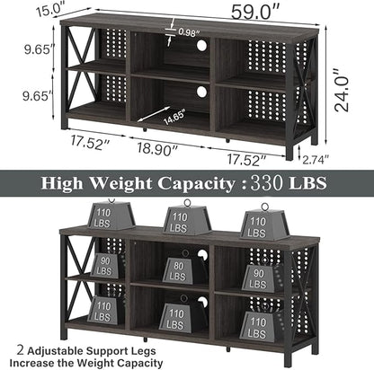 LVB TV Stand for 70 Inch TV, Rustic Industrial Entertainment Center, Large Television Stands for Living Bedroom, Long Wood Metal TV Table Stand with Media Console Cabinet Storage, Dark Gray Oak, 59 IN - LeafyLoom