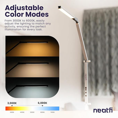 Neatfi LED Desk Lamp with Clamp, Touch & Remote Controlled, Stepless Dimming, 3 Color Modes, 3000-6000K, Detachable Shade, Flicker-Free, 360° Rotation, Wide Angle Lighting (Modern, Silver) - LeafyLoom