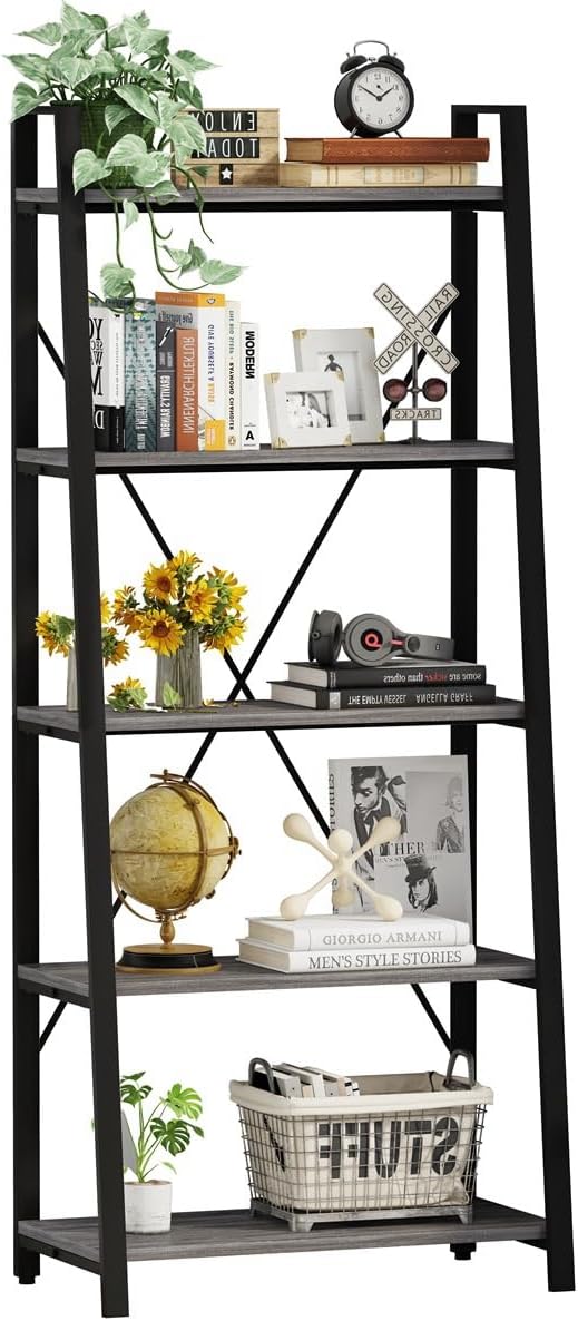 BON AUGURE 5-Tier Ladder Shelf, Industrial Leaning Bookcase, Wood and Metal Ladder Bookshelf for Living Room, Bedroom, Kitchen, Home Office (Grey Oak) - LeafyLoom