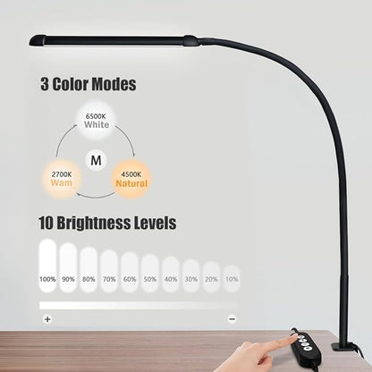 LED Desk Lamp with Clamp, Clamp Light with Adjustable Color Modes,Clip on Light with Long Flexible Gooseneck, Eye-Care Lamp Clamp for Study, Work, Home, Office, (Black, 12W) - LeafyLoom