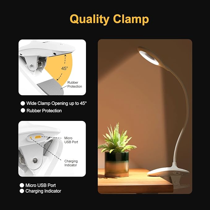 Clip on Light for Bed & Desk, Reading in Bed, Dorm, Flexible Gooseneck, Battery Operated Rechargeable Clamp Lamp for Headboard, Eye-Caring LED Light with 3 Brightness Modes - LeafyLoom