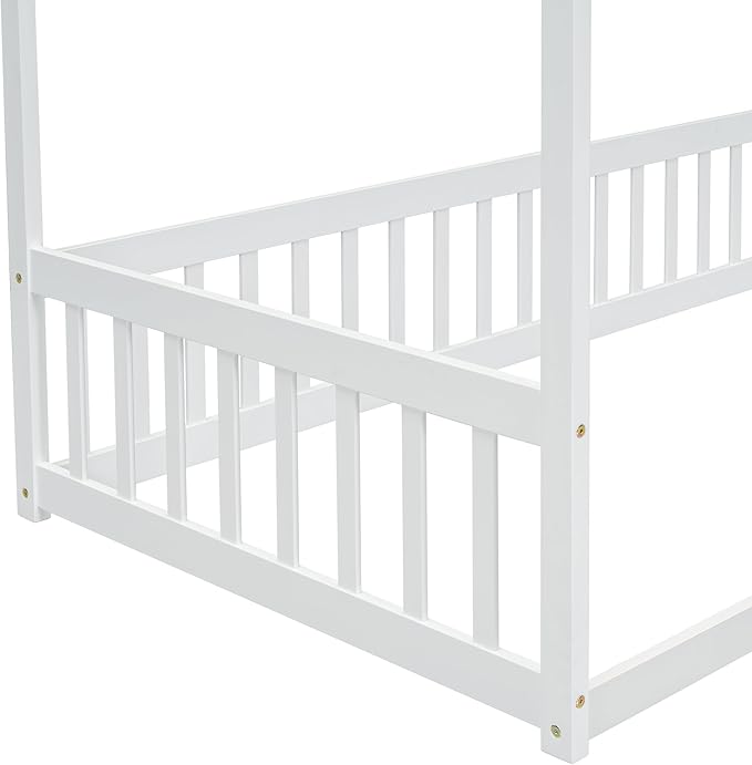 Twin Size Canopy Bed Frame with Guardrails for Kids,Floor Bed Twin with Four Poster Design,Kids Montessori Floor Bed,Wood Canopy Bed Frame for Girls,Boys(Twin,White) - LeafyLoom