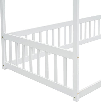 Twin Size Canopy Bed Frame with Guardrails for Kids,Floor Bed Twin with Four Poster Design,Kids Montessori Floor Bed,Wood Canopy Bed Frame for Girls,Boys(Twin,White) - LeafyLoom