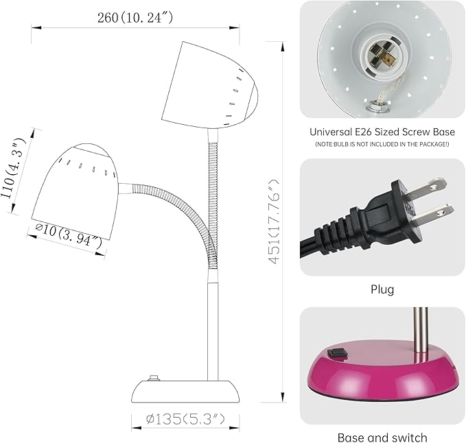 Eye-Caring Table Lamp of Simple Designs Home E26 Led Screw Basic Metal Desk Lamp with Flexible Gooseneck Hose Neck Study Lamp for Bedroom Office Living Room Convenient On/Off Switch (Purple) - LeafyLoom