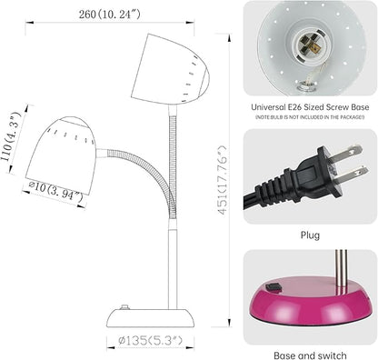 Eye-Caring Table Lamp of Simple Designs Home E26 Led Screw Basic Metal Desk Lamp with Flexible Gooseneck Hose Neck Study Lamp for Bedroom Office Living Room Convenient On/Off Switch (Purple) - LeafyLoom