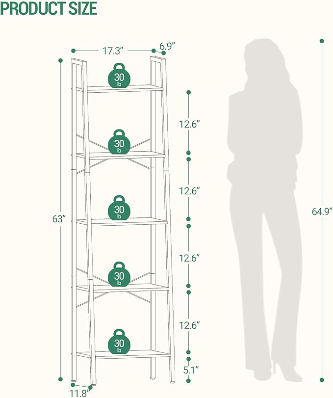 Ladder Shelf, Bookshelf Bookcase, Freestanding Corner Storage Shelve with 2 Hooks for Home Office, Living Room, Kitchen, Bedroom, Industrial, 5-Tier Rustic Brown BC19201B - LeafyLoom