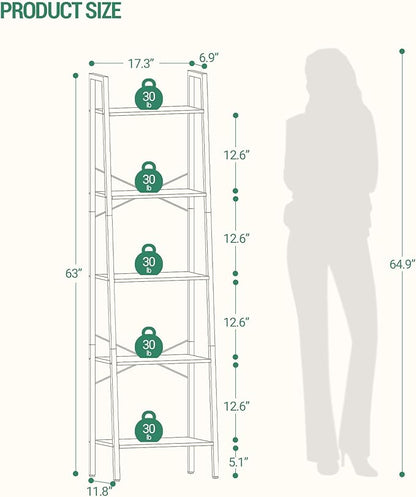 Ladder Shelf, Bookshelf Bookcase, Freestanding Corner Storage Shelve with 2 Hooks for Home Office, Living Room, Kitchen, Bedroom, Industrial, 5-Tier Rustic Brown BC19201B - LeafyLoom