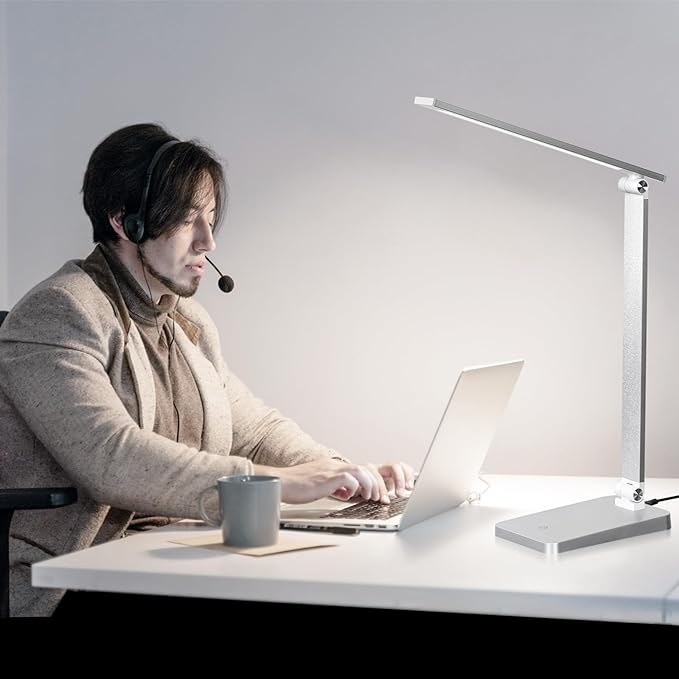 LED Desk Lamp for Home Office, 3 Levels Dimmable Desk Light with USB Charging Port, Small Study Lamp, Reading Light for Table, Sliver, 5000K - LeafyLoom