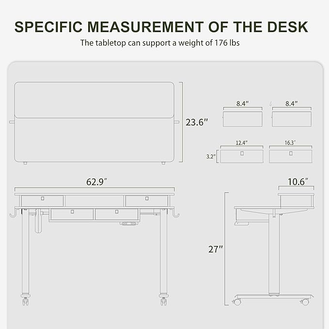 BANTI Height Adjustable Electric Standing Desk with 4 Drawers, 63 x 24 Inch Table with Storage Shelf, Sit Stand Desk, Light Rustic Brown Top - LeafyLoom