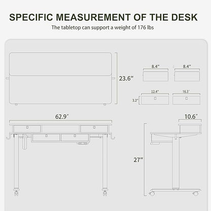 BANTI Height Adjustable Electric Standing Desk with 4 Drawers, 63 x 24 Inch Table with Storage Shelf, Sit Stand Desk, Light Rustic Brown Top - LeafyLoom