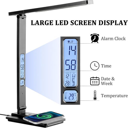 Dott Arts LED Desk Lamp with Wireless Charger, Touch Control Study Lamp with USB Charging Port, Table Lamp with Clock, Alarm, Date, Temperature, Office Lamp, Desk Lamps for Home Office,Black - LeafyLoom