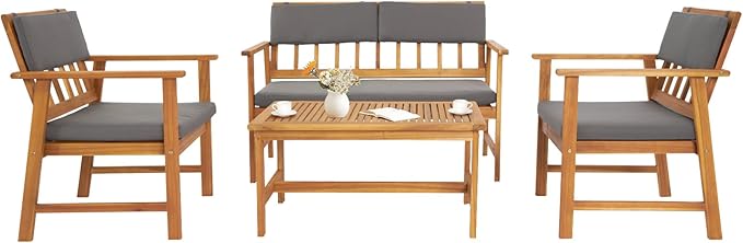 VINGLI Outdoor Patio Furniture, 4 Piece Acacia Wood Sofa Set w/Coffee Table, Patio Table and Chairs Set for Deck, Balcony, Backyard (Natural) - LeafyLoom