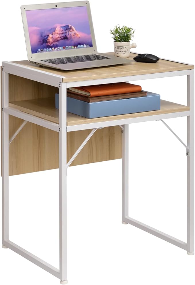 Minimalist Folding Table, Study Desk with Storage Shelf, Small Desk, Portable Computer Desk for Home, Office, Light Brown - LeafyLoom