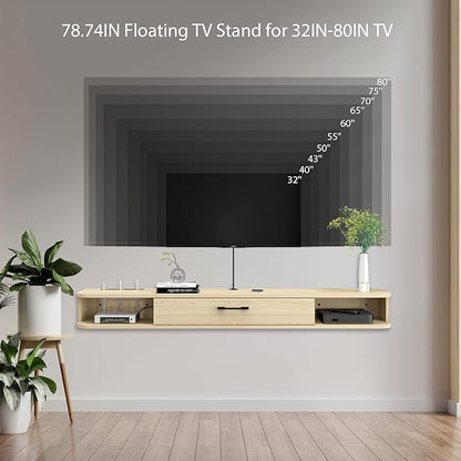 Floating TV Unit, 79'' Wall Mounted TV Cabinet, Floating Shelves with Door, Modern Entertainment Media Console Center Large Storage TV Bench for Living Room & Office (78.74IN, Oak) - LeafyLoom