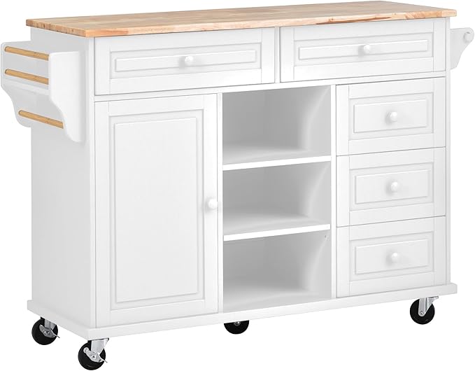 Kitchen Island with Storage Cabinets, Rolling Mobile Kitchen-cart w/Rubber Wood Desktop and 5 Drawers & Open Shelves, Sideboard for Dining Room, Home Bar - LeafyLoom