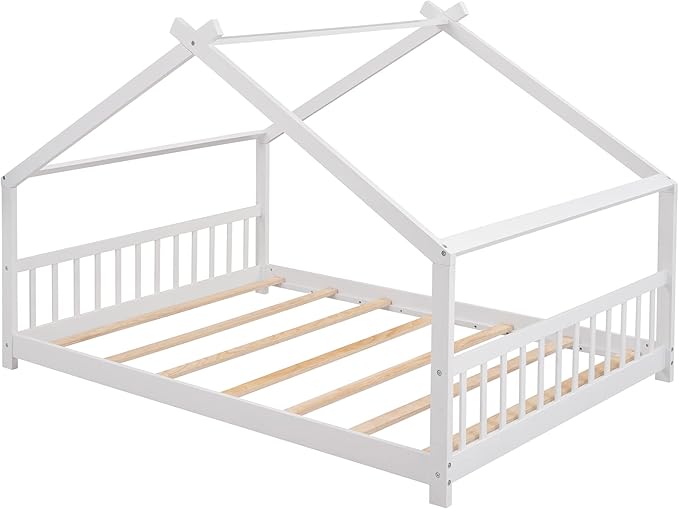 Bellemave Full Montessori Floor Bed Frame, White, Modern Style, No Box Spring Needed, Headboard Included, 275lb Weight Capacity - LeafyLoom