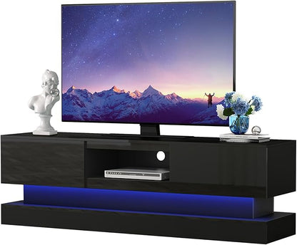 Black TV Stand Modern - TV Stands with Led Lights and Storage Drawers for TVs up to 70 Inch - Gaming TV Entertainment Stand for Living Room, Bedroom - LeafyLoom