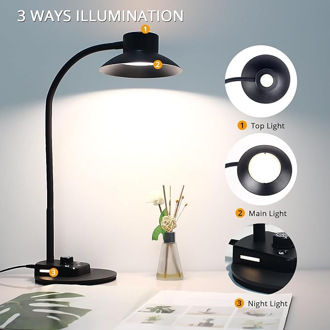 LED Desk Lamp for Office Home, Dimmable Reading Light with USB Charging Ports, Bedside Lamp with 5 Color Modes & Stepless Dimming, 360° Flexible Gooseneck Table Lamp(Adapter Included) - LeafyLoom