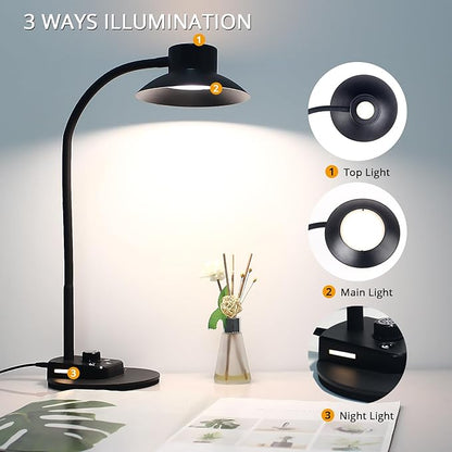 LED Desk Lamp for Office Home, Dimmable Reading Light with USB Charging Ports, Bedside Lamp with 5 Color Modes & Stepless Dimming, 360° Flexible Gooseneck Table Lamp(Adapter Included) - LeafyLoom