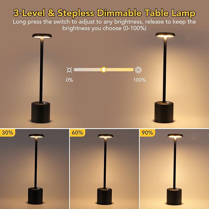 Cordless Table Lamp Rechargeable LED Touch Lamp, 5000mAh Battery Operated Lamp, 3 Color Stepless Dimming Table Light Desk Lamp for Restaurant/Bedroom/Bars/Patio/Indoor/Outdoor(Black) - LeafyLoom