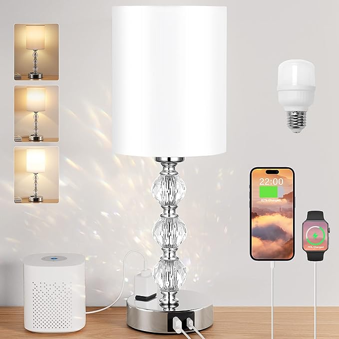 Touch Bedside Crystal Lamps for Bedrooms Nightstand with USB C+A Charging Port and AC Outlet White, 3 Way Dimmable Silver Small End Side Table Lamp for Living/Guest/Dinning Room/Kitchen - LeafyLoom