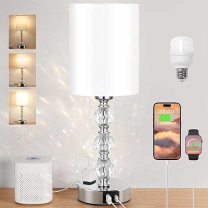 Touch Bedside Crystal Lamps for Bedrooms Nightstand with USB C+A Charging Port and AC Outlet White, 3 Way Dimmable Silver Small End Side Table Lamp for Living/Guest/Dinning Room/Kitchen - LeafyLoom