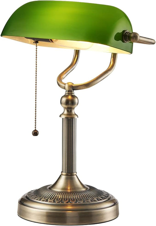 Newrays Green Glass Bankers Desk Lamp with Pull Chain Switch Plug in Fixture - LeafyLoom