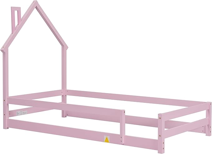 Bellemave Twin Size House-Shaped Headboard Floor Bed with Fences, Wooden Montessori Bed for Kids,House Bed Twin Frame for Girls,Boys (Pink) - LeafyLoom