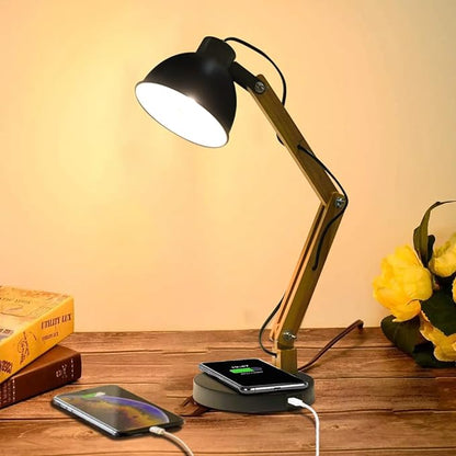 ELINKUME LED Desk Working Lamp with Charging(Wireless/USB-A/Typ-C),Wood Swing Arm Table Bedside Lamp, Black Metal Lampshade,Vintage Reading Light for Office,Study,Bedroom,Living Room(Excluding Bulb) - LeafyLoom